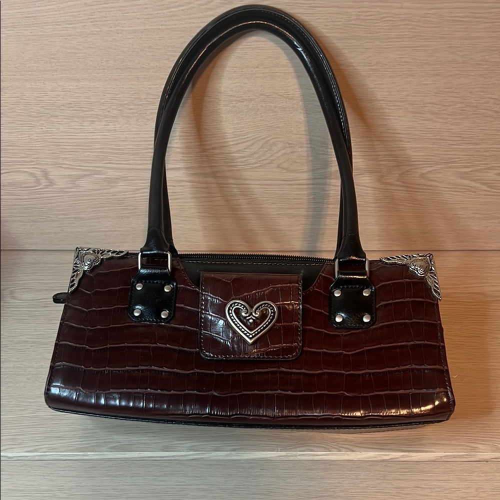 Brown faux leather shoulder bag with heart hardware